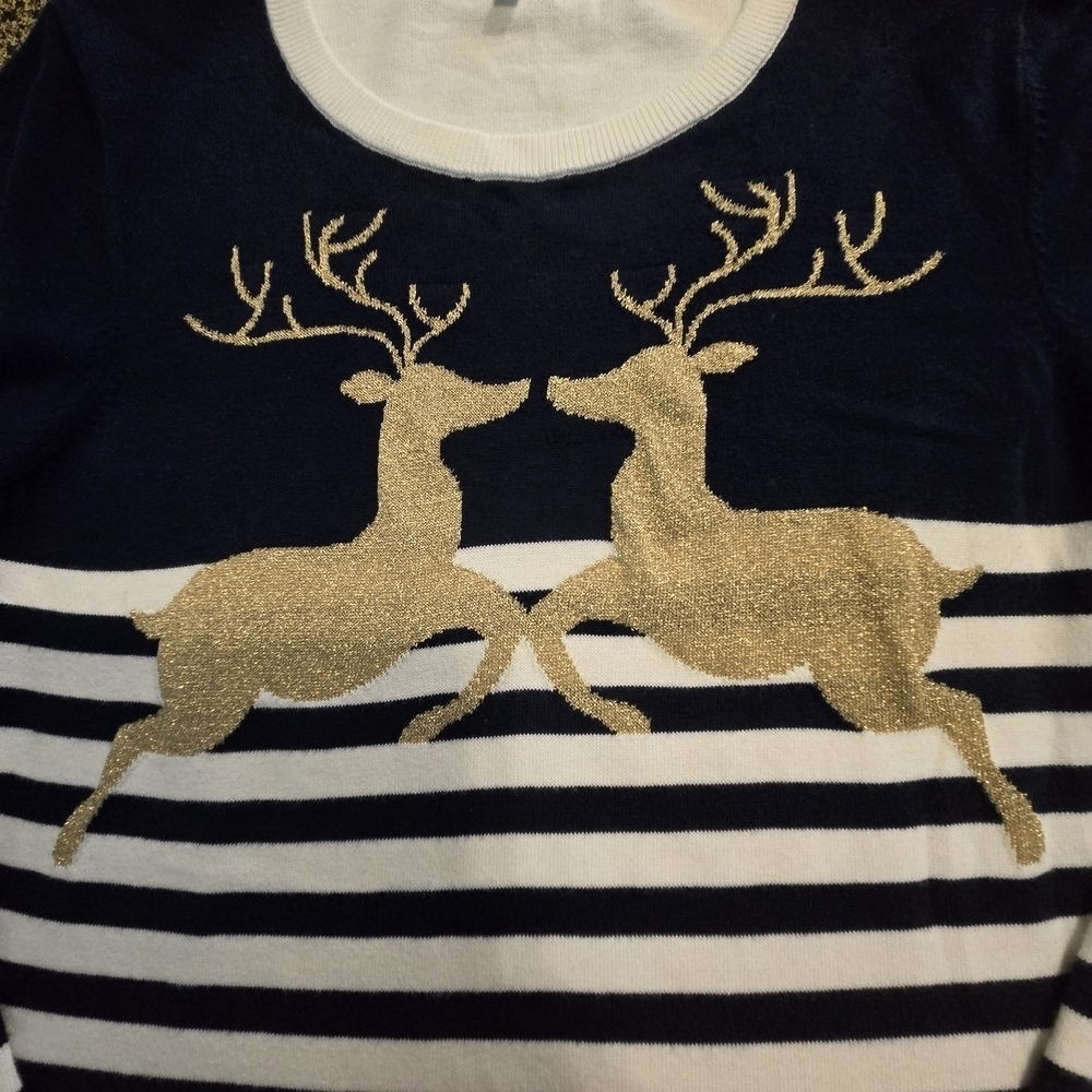 Crown &‎ Ivy Sweater Midnight Blue Stripe Gold Reindeer Women L Holiday Sweater